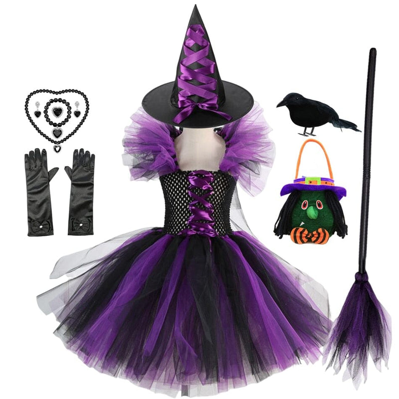 Fantasia Bruxinha Halloween Fantasia Bruxinha-fan-379 VF Villa Kids 2-3 Anos Vestido Roxo + Acessórios Completo 