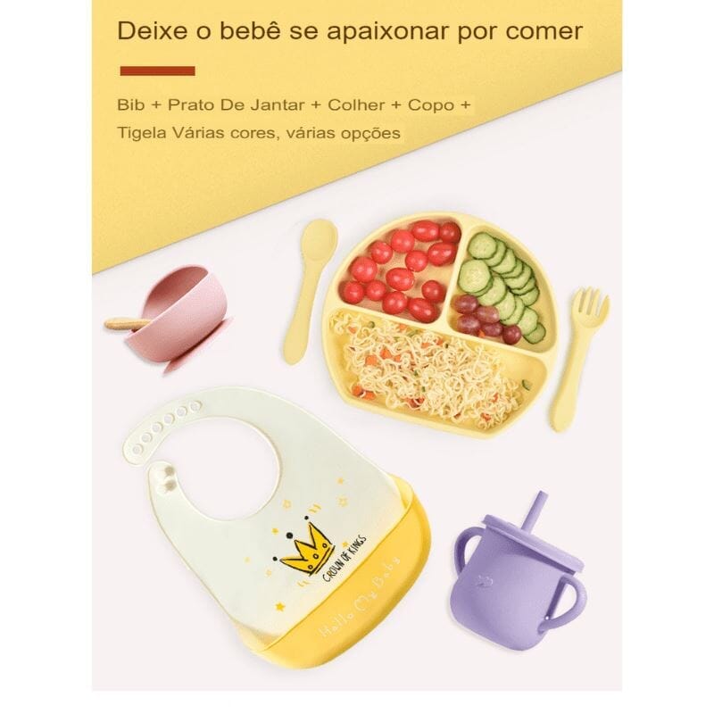 Kit 8 Pçs, Conjunto De Refeição Em Silicone Para Bebê, Prato com Ventosa, 100% Silicone, Babador Com Estampa kit prato de silicone ciano-beb-323 VF Villa Kids 