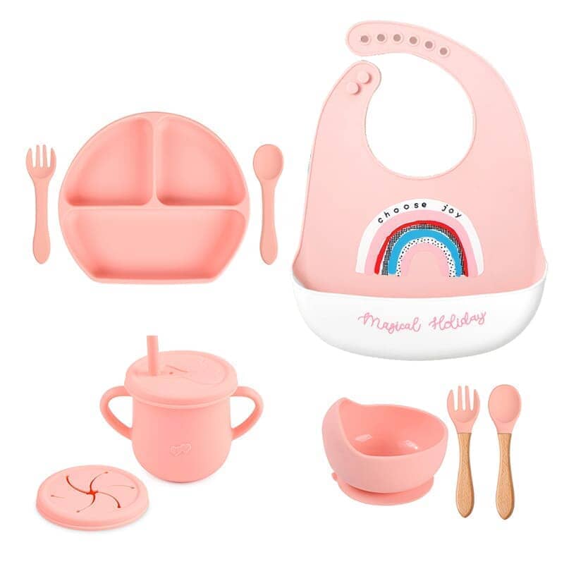 Kit 8 Pçs, Conjunto De Refeição Em Silicone Para Bebê, Prato com Ventosa, 100% Silicone, Babador Com Estampa kit prato de silicone ciano-beb-323 VF Villa Kids 