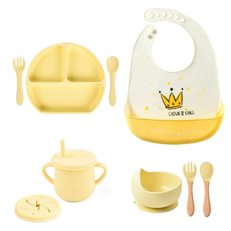 Kit 8 Pçs, Conjunto De Refeição Em Silicone Para Bebê, Prato com Ventosa, 100% Silicone, Babador Com Estampa kit prato de silicone ciano-beb-323 VF Villa Kids 