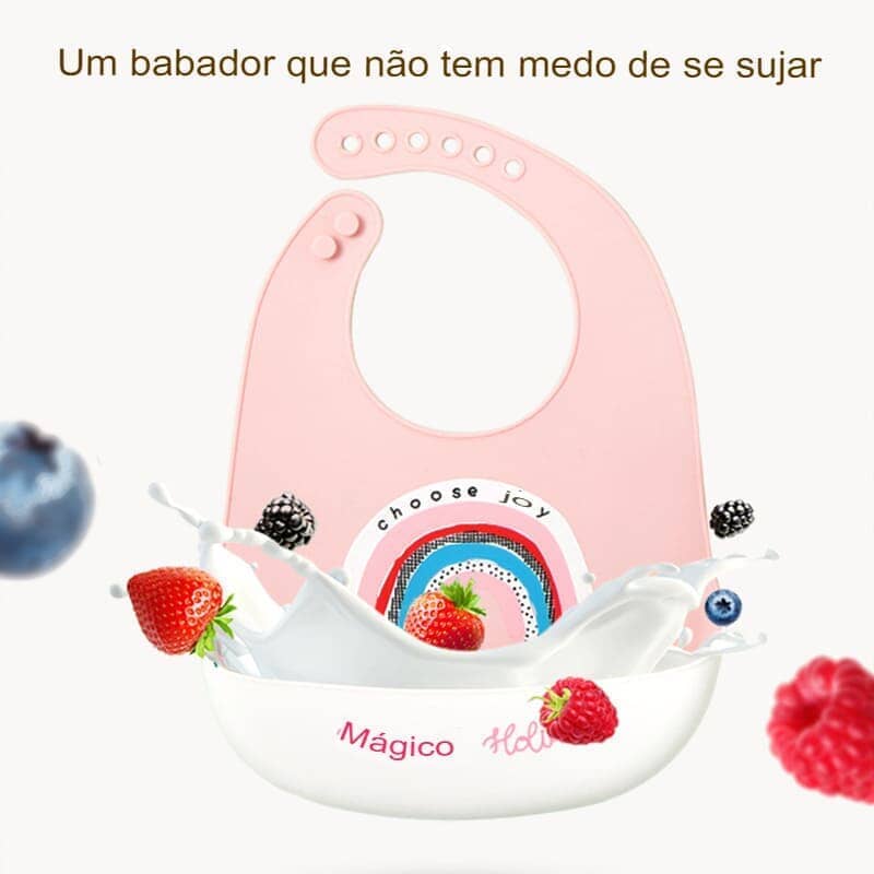 Kit 8 Pçs, Conjunto De Refeição Em Silicone Para Bebê, Prato com Ventosa, 100% Silicone, Babador Com Estampa kit prato de silicone ciano-beb-323 VF Villa Kids 