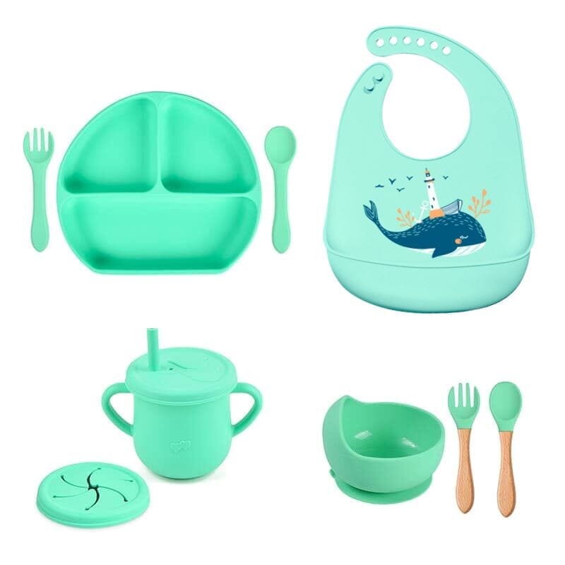 Kit 8 Pçs, Conjunto De Refeição Em Silicone Para Bebê, Prato com Ventosa, 100% Silicone, Babador Com Estampa kit prato de silicone ciano-beb-323 VF Villa Kids Baleia 