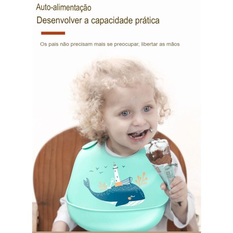 Kit 8 Pçs, Conjunto De Refeição Em Silicone Para Bebê, Prato com Ventosa, 100% Silicone, Babador Com Estampa kit prato de silicone ciano-beb-323 VF Villa Kids 