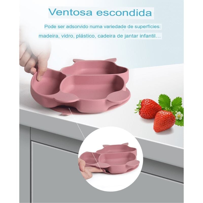 Kit 8 Pcs, Prato Formato Esquilo Com Ventosa, Babador, Conjunto Alimentação Para Bebê kit prato de silicone rosa-beb-322 VF Villa Kids 