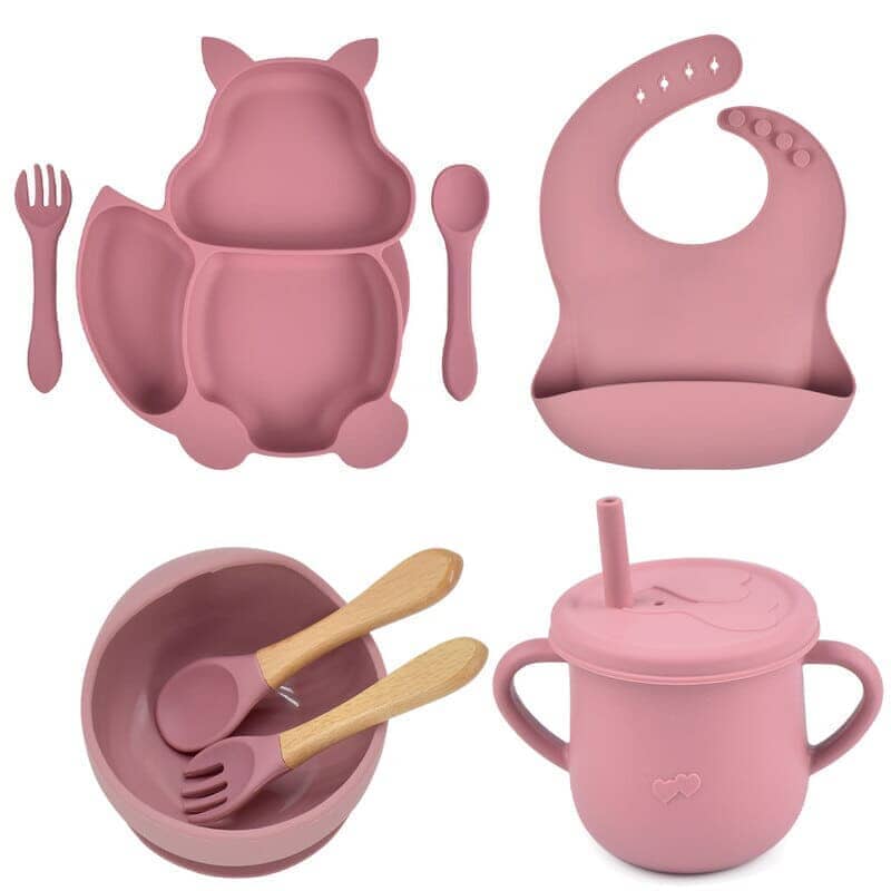 Kit 8 Pcs, Prato Formato Esquilo Com Ventosa, Babador, Conjunto Alimentação Para Bebê kit prato de silicone rosa-beb-322 VF Villa Kids 