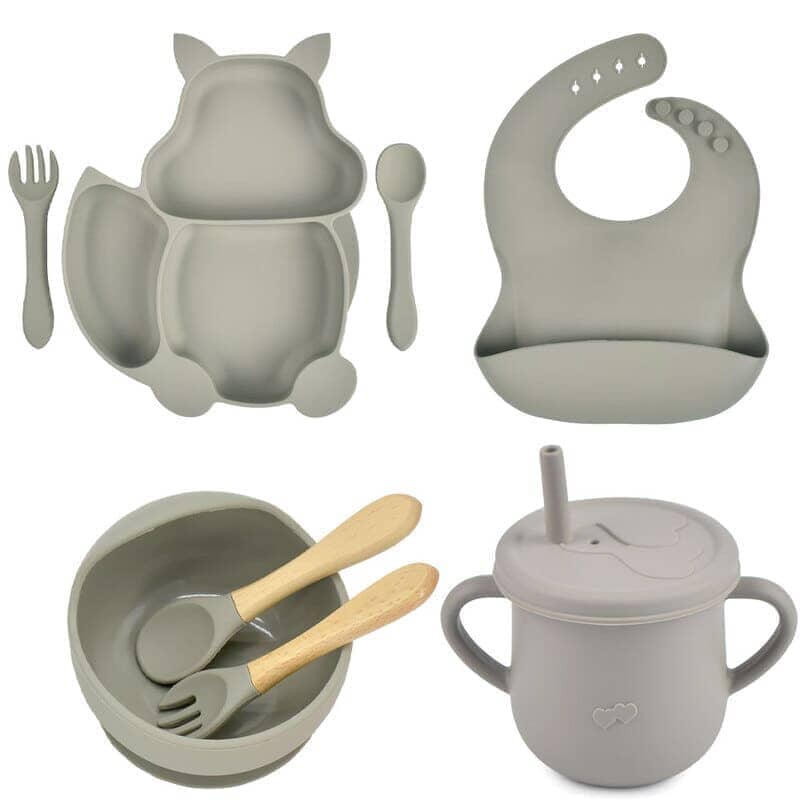 Kit 8 Pcs, Prato Formato Esquilo Com Ventosa, Babador, Conjunto Alimentação Para Bebê kit prato de silicone rosa-beb-322 VF Villa Kids Cinza 