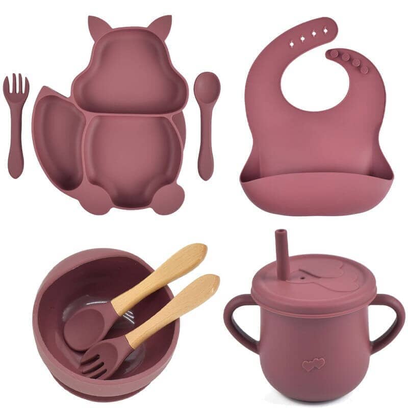 Kit 8 Pcs, Prato Formato Esquilo Com Ventosa, Babador, Conjunto Alimentação Para Bebê kit prato de silicone rosa-beb-322 VF Villa Kids Rosê 